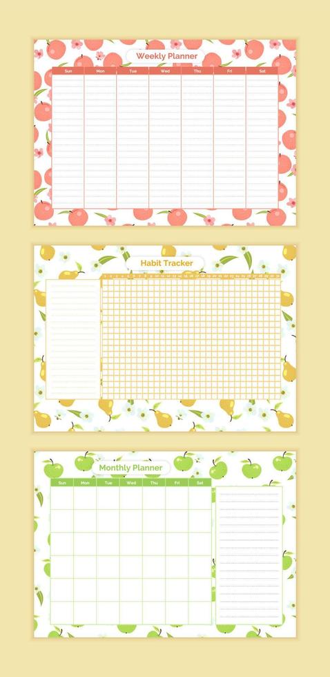 conjunto de vetor de diário alimentar semanalmente, modelo de design de planejador de mês, rastreador de hábitos. organizador de dieta e bloco de notas com frutas fofas. lista de tarefas imprimíveis da programação do calendário.