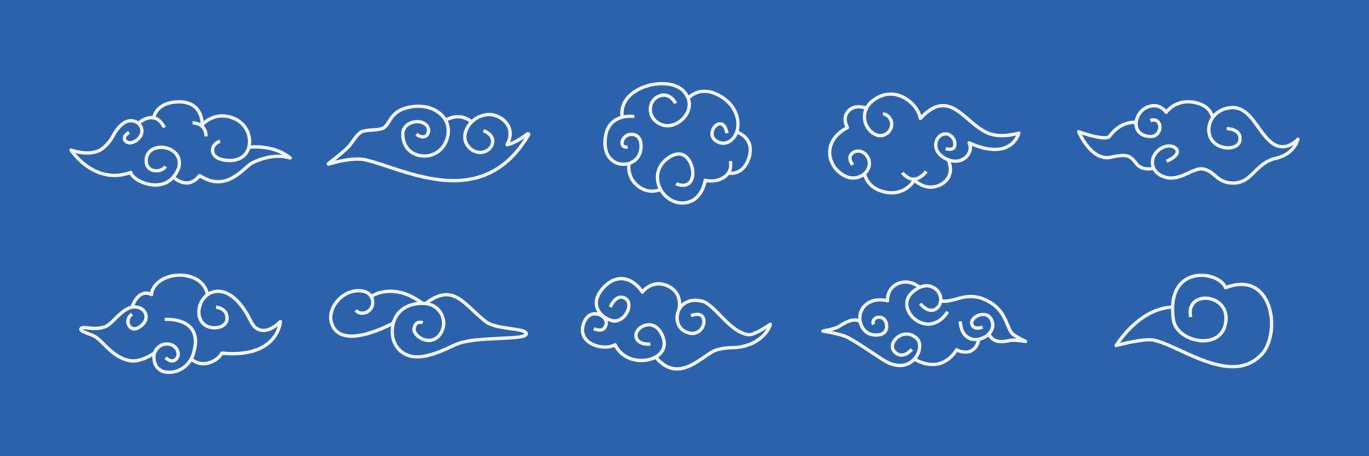 conjunto de design de ilustração de nuvem oriental. elementos de nuvens em estilo chinês. ornamento de arte de clipe desenhado à mão linear para design contemporâneo elegante. vetor