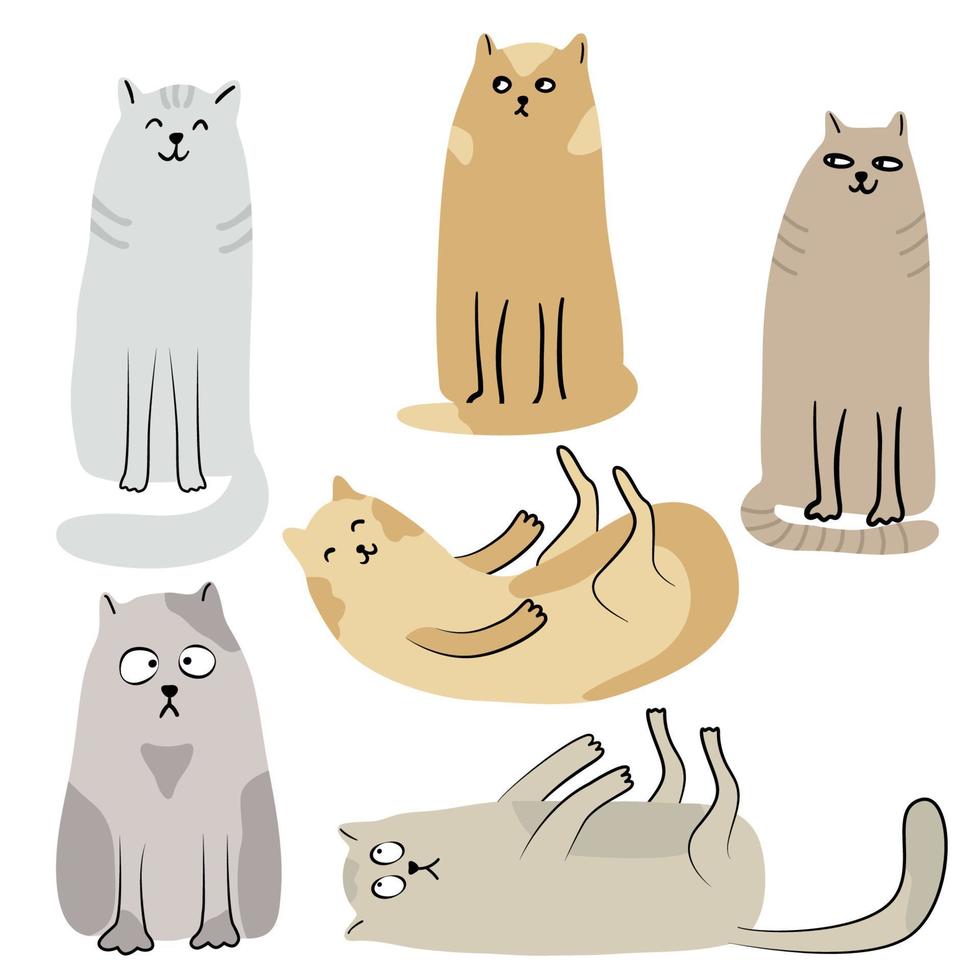 conjunto de gatos. mão desenhada ilustração vetorial plana isolada no branco. personagens engraçados de animais de estimação. vetor