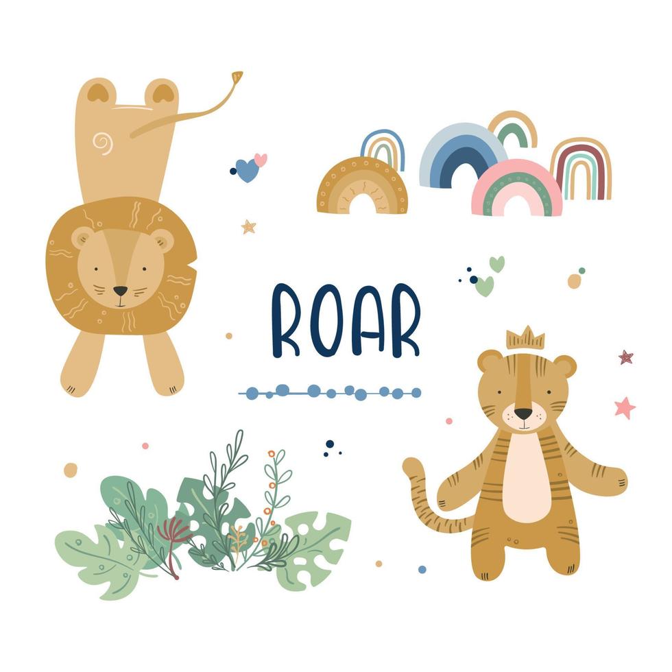 cartão de bebê de animais fofos dos desenhos animados com leão e tigre vetor