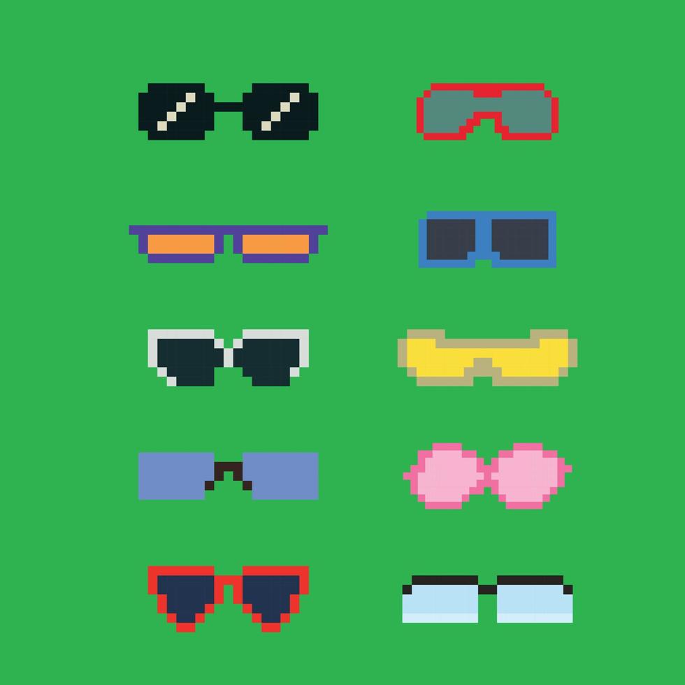 pixel art vetor de coleções de óculos de sol de 8 bits com fundo de cor sólida