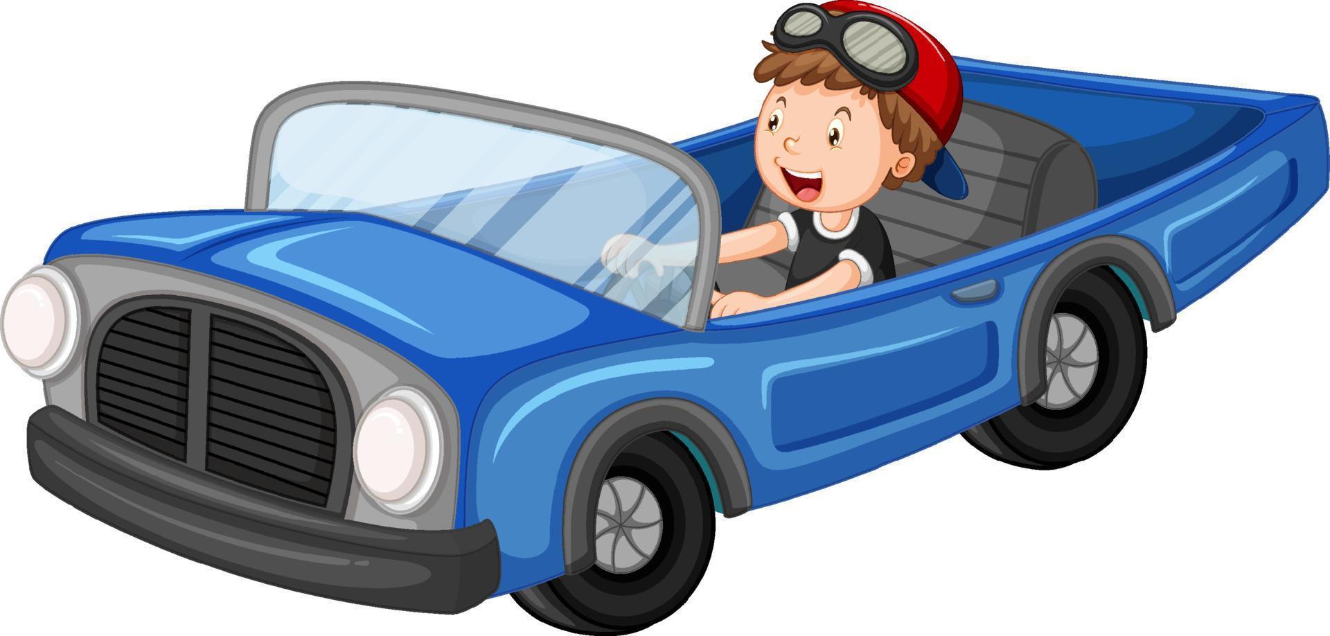 um menino dirigindo carro antigo em desenho animado vetor