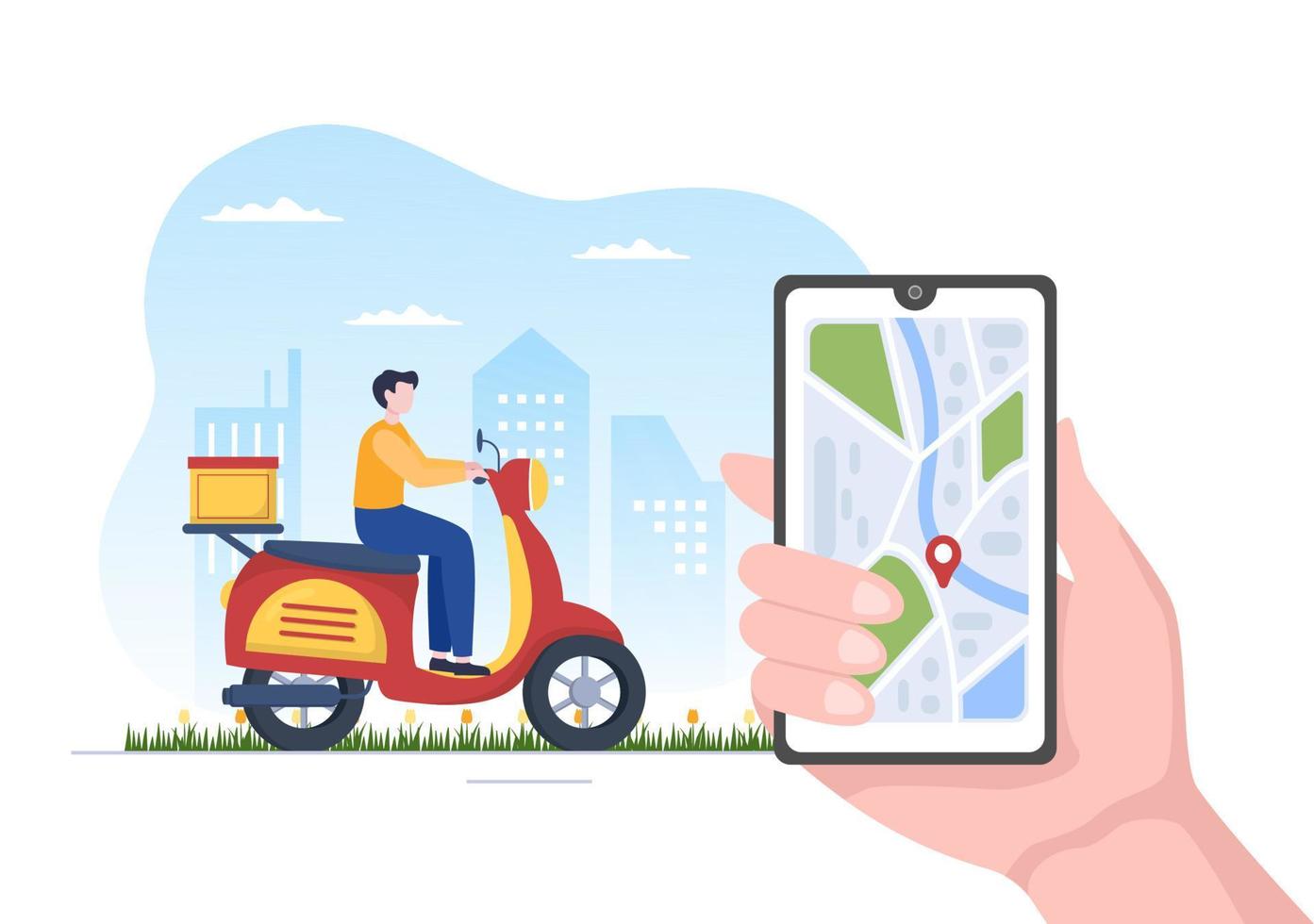 aplicativo de serviço de entrega de comida em um smartphone de rastreamento para pedir refeições prontas e entregues em sua casa por scooter em ilustração plana de desenho animado vetor