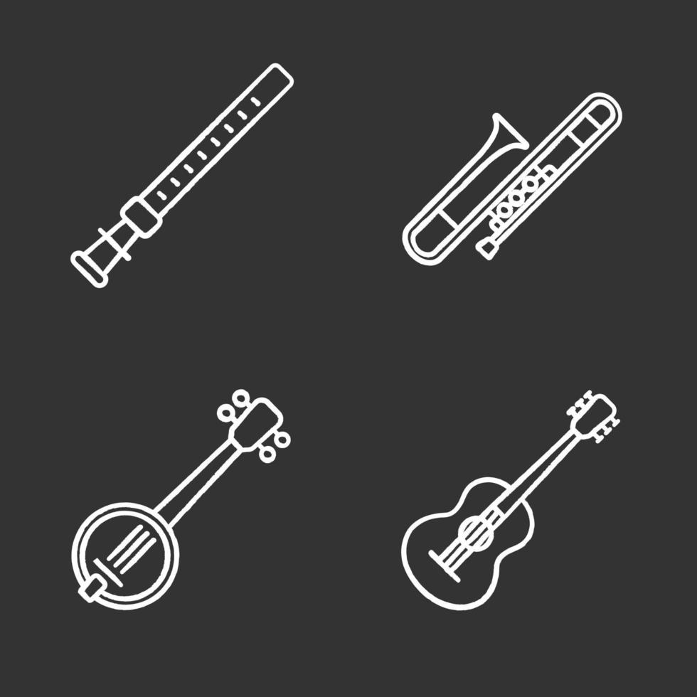 instrumentos musicais giz conjunto de ícones. duduk, guitarra, banjo, trombone. ilustrações de quadro-negro vetoriais isolados vetor