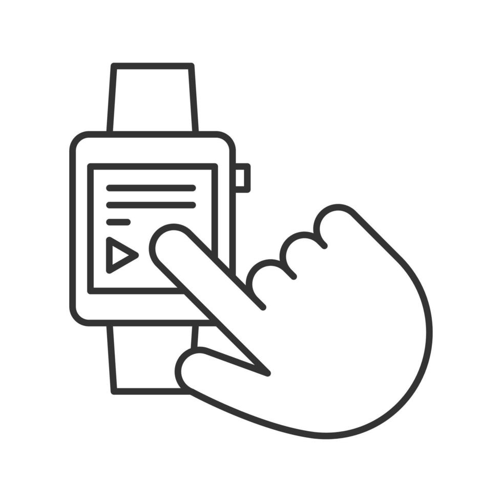 ícone linear do smartwatch. relógio de pulso digital. ilustração de linha fina. mão instalando o aplicativo de relógio inteligente. símbolo de contorno. desenho de contorno isolado de vetor