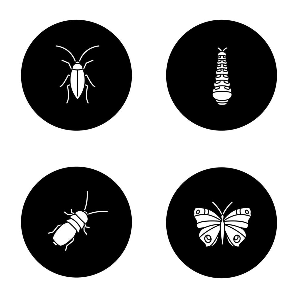 conjunto de ícones de glifo de insetos. barata, lagarta, borboleta, besouro fedorento. ilustrações vetoriais de silhuetas brancas em círculos pretos vetor