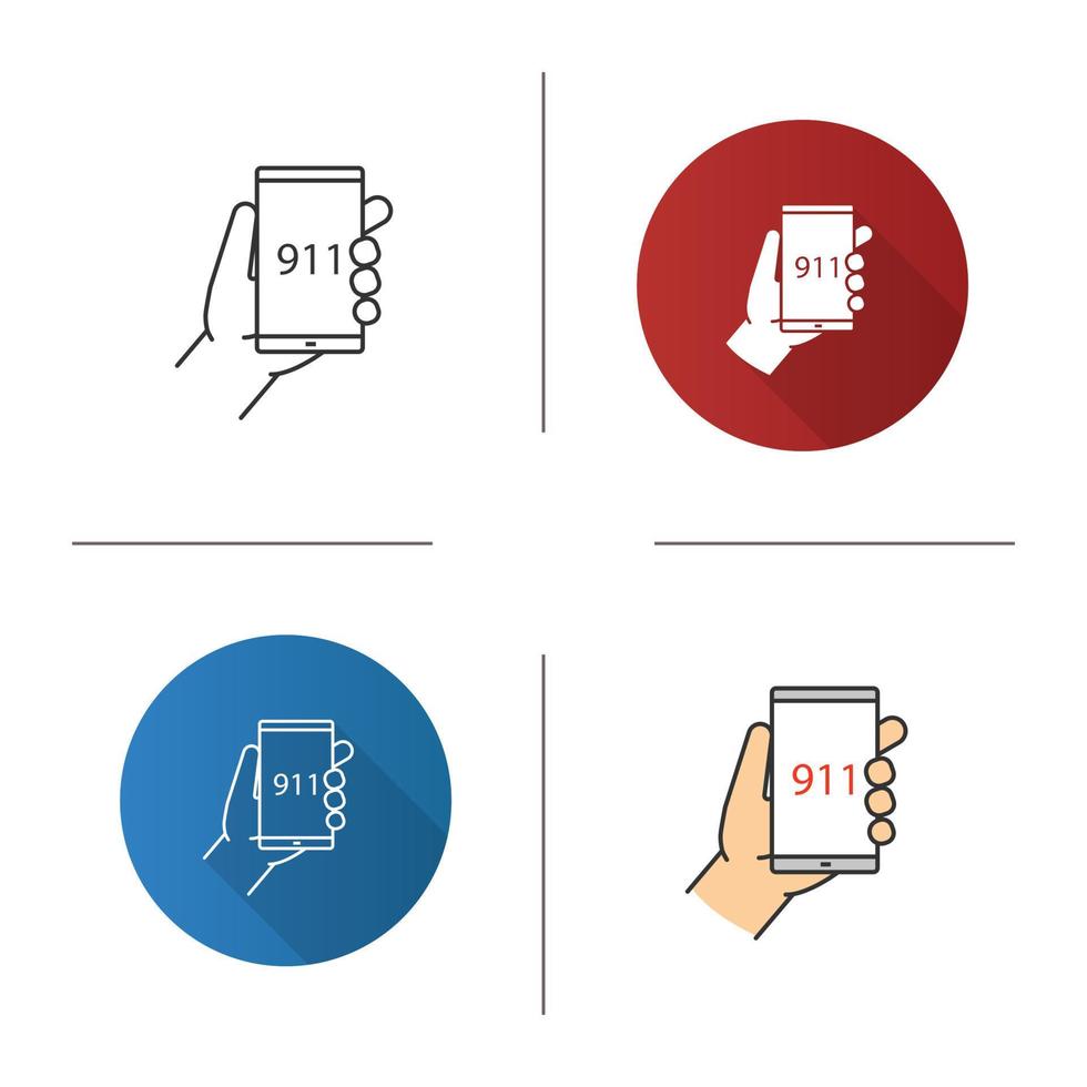 ícone de chamada de emergência. design plano, estilos lineares e de cores. mão segurando o smartphone com o número 911. ilustrações vetoriais isoladas vetor