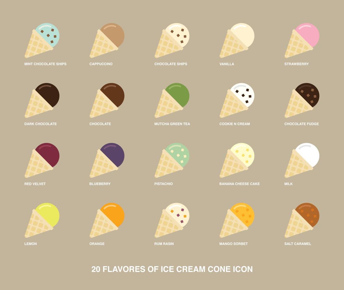conjunto de sabores de sorvete e modelo de ícone de vetor de cone..