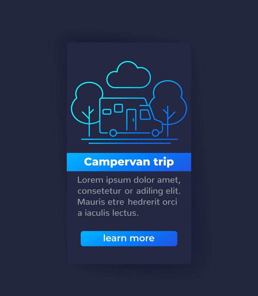 viagem de campervan, viajar em campista, banner com ícone de linha vetor