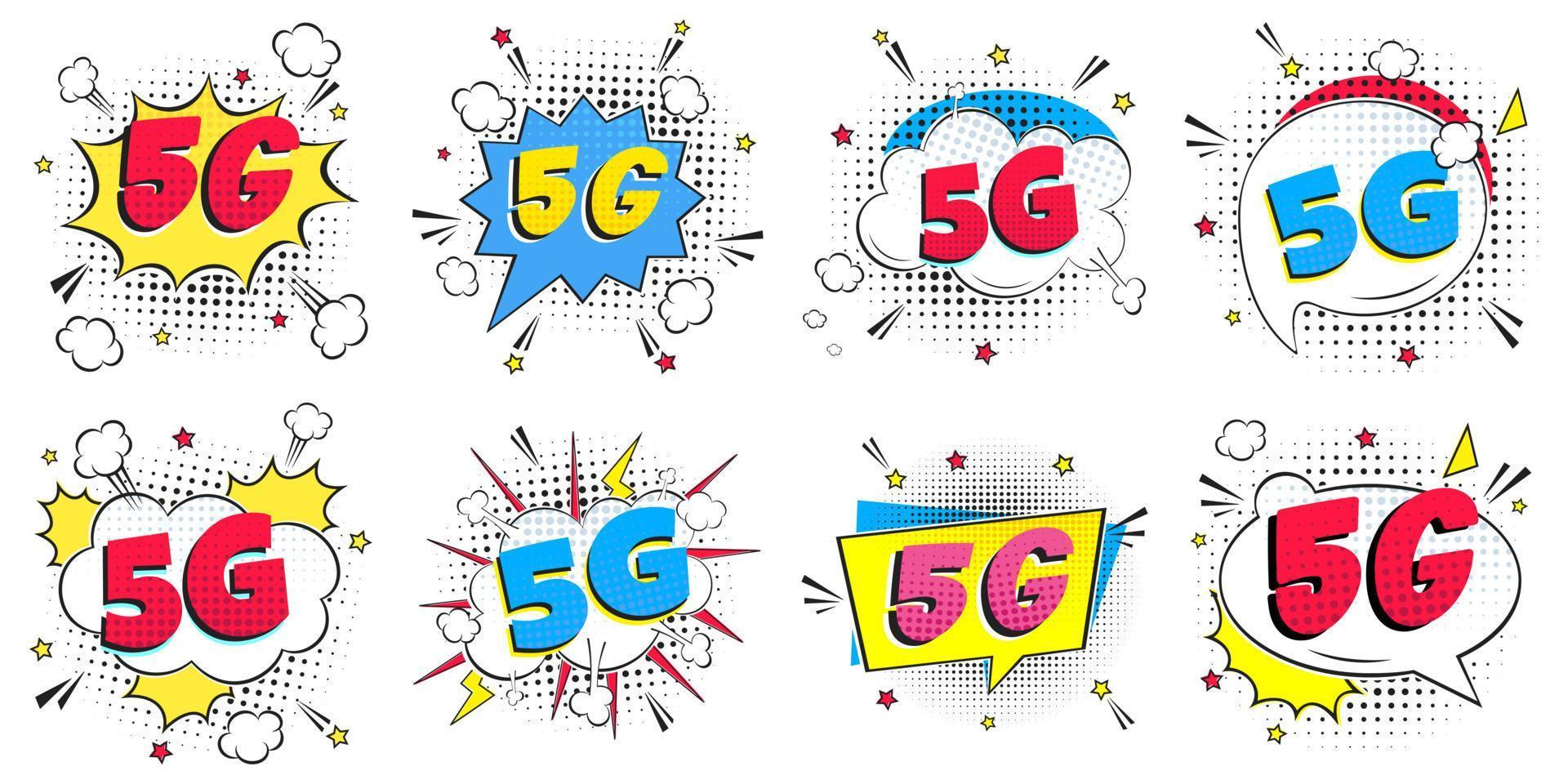 5g nova conexão wi-fi sem fio à internet estilo cômico discurso bolha exclamação texto 5g flay estilo design ilustração vetorial isolado no conjunto de fundo branco. novo ícone de sinal de internet móvel. vetor