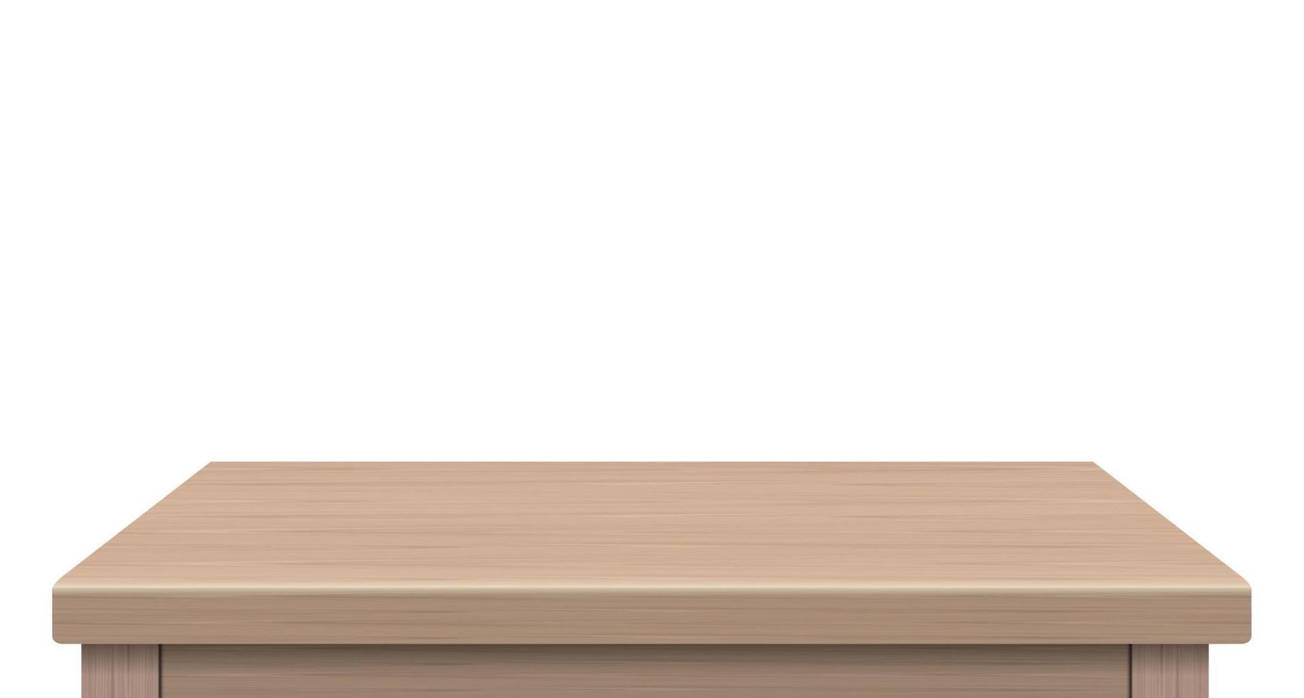 vista lateral da mesa de madeira vazia do espaço livre, para sua marca de cópia. usado para produtos de exibição ou montagem. conceito de estilo vintage. superfície realista de madeira marrom isolada no fundo branco. vetor 3D.