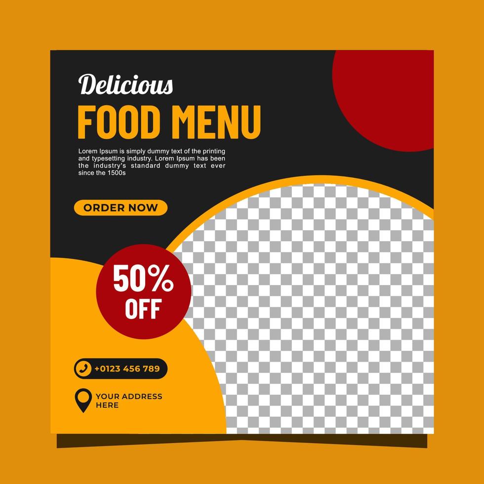 design de modelo de banner de mídia social de menu de comida deliciosa vetor