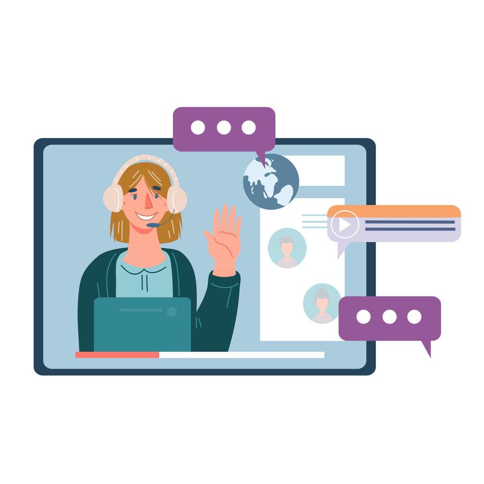 mulher em chat online, webinar ou webconferência. tecnologia avançada de comunicação na internet, ensino à distância ou transmissão em mídias sociais, ilustração vetorial plana isolada no fundo branco. vetor