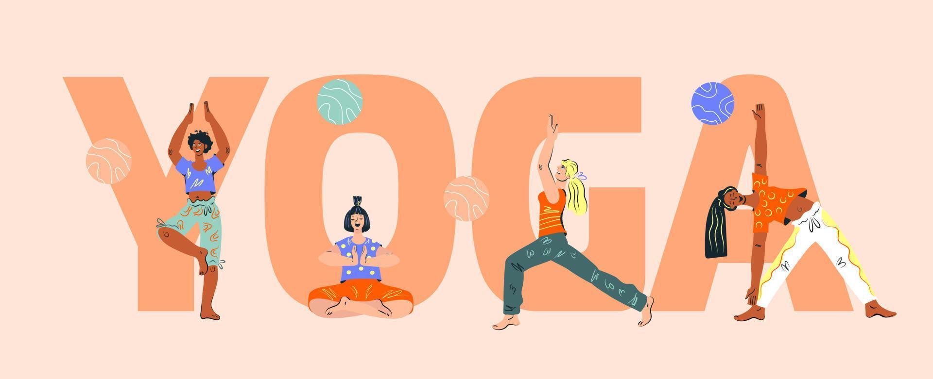 banner de ioga feminino com letras e personagens de pessoas praticando asana. aulas de meditação e estúdio de ioga, modelo de banner da web de cursos. ilustração vetorial plana. vetor