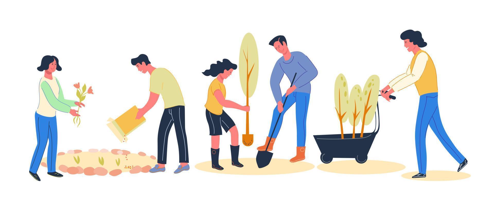 banner com voluntários personagens de desenhos animados de pessoas plantando árvores e flores juntos no parque da cidade, ilustração vetorial plana isolada. renovações de primavera e melhoria do ambiente urbano. vetor