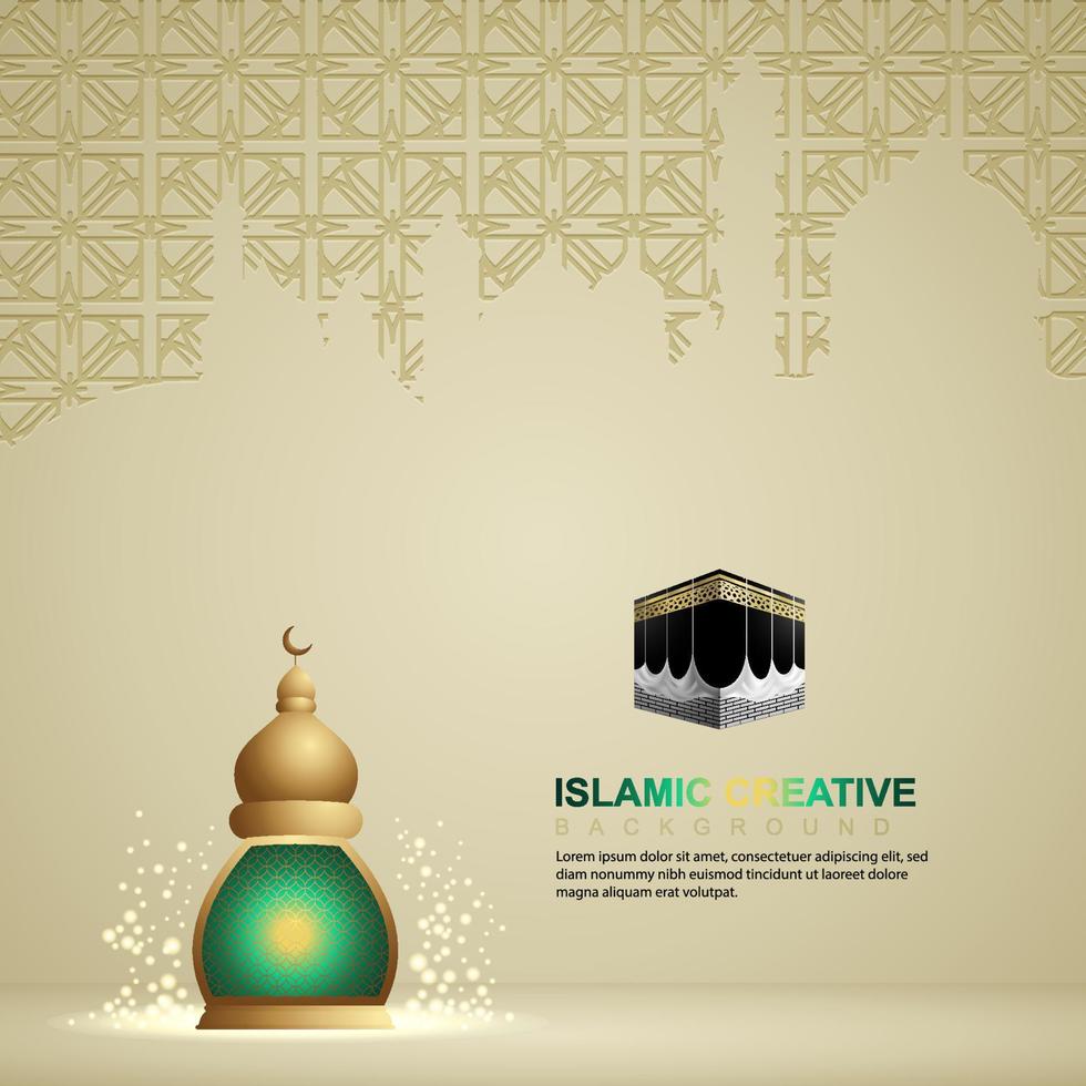 modelo de plano de fundo de cartão de design islâmico com colorido ornamental de mosaico, kaaba e lanterna islâmica. vetor