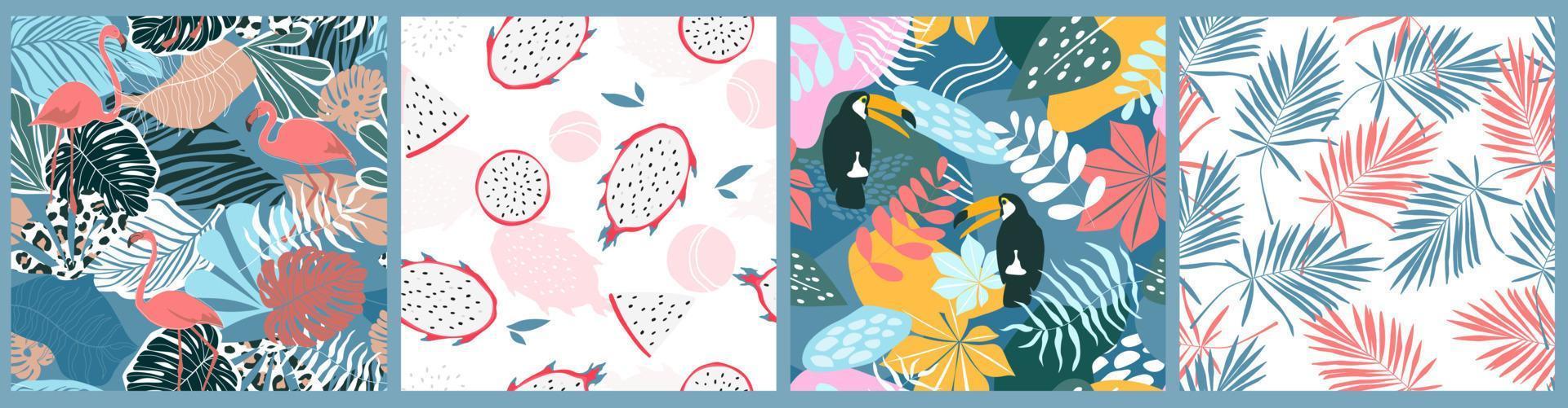 o conjunto é um padrão sem costura com um ornamento exótico tropical com folhas de palmeira e monstera, pássaros tucanos, flamingos. impressão abstrata de verão. gráficos vetoriais. vetor