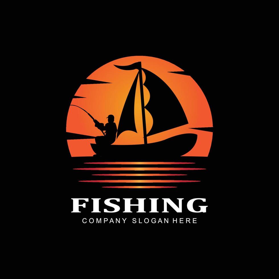 vetor de ícone de logotipo de pesca, pegar peixes no barco, design de silhueta do pôr do sol ao ar livre