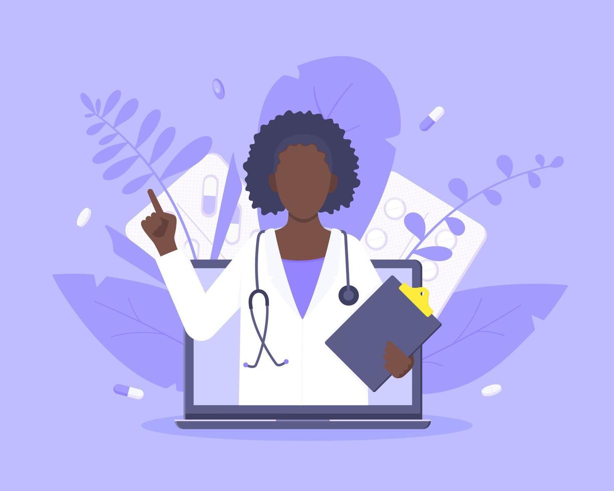 conceito de serviço médico on-line médico com médico na ilustração vetorial de laptop. vetor