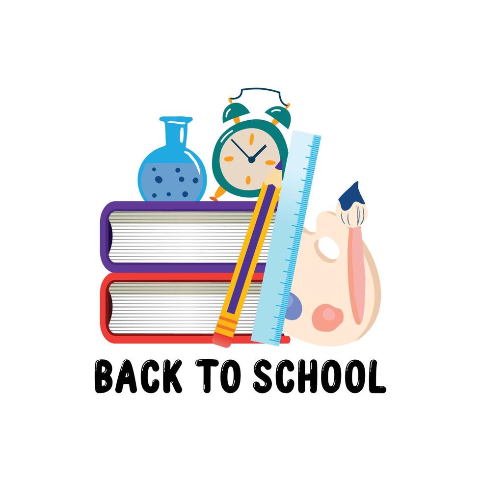 design de fundo de logotipo de vetor de dia escolar, crianças, adolescentes buscando conhecimento, com equipamento escolar