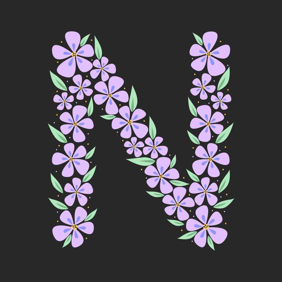 alfabeto botânico floral. carta de monograma desenhada à mão vintage n. carta com plantas e flores. letras vetoriais isoladas em branco vetor
