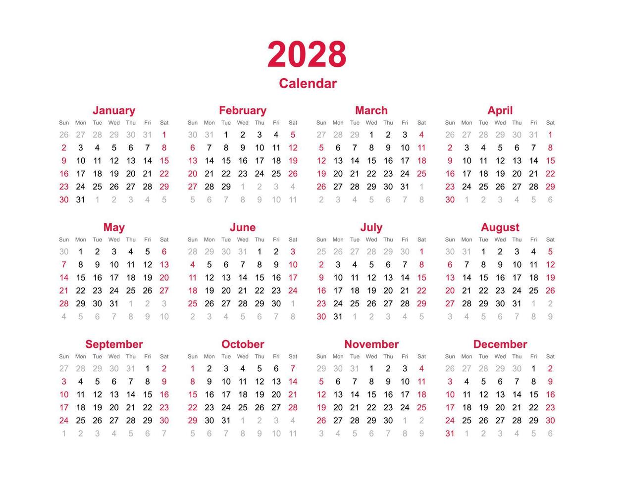 modelo de ano civil 2028. conjunto de calendário de doze meses. vetor