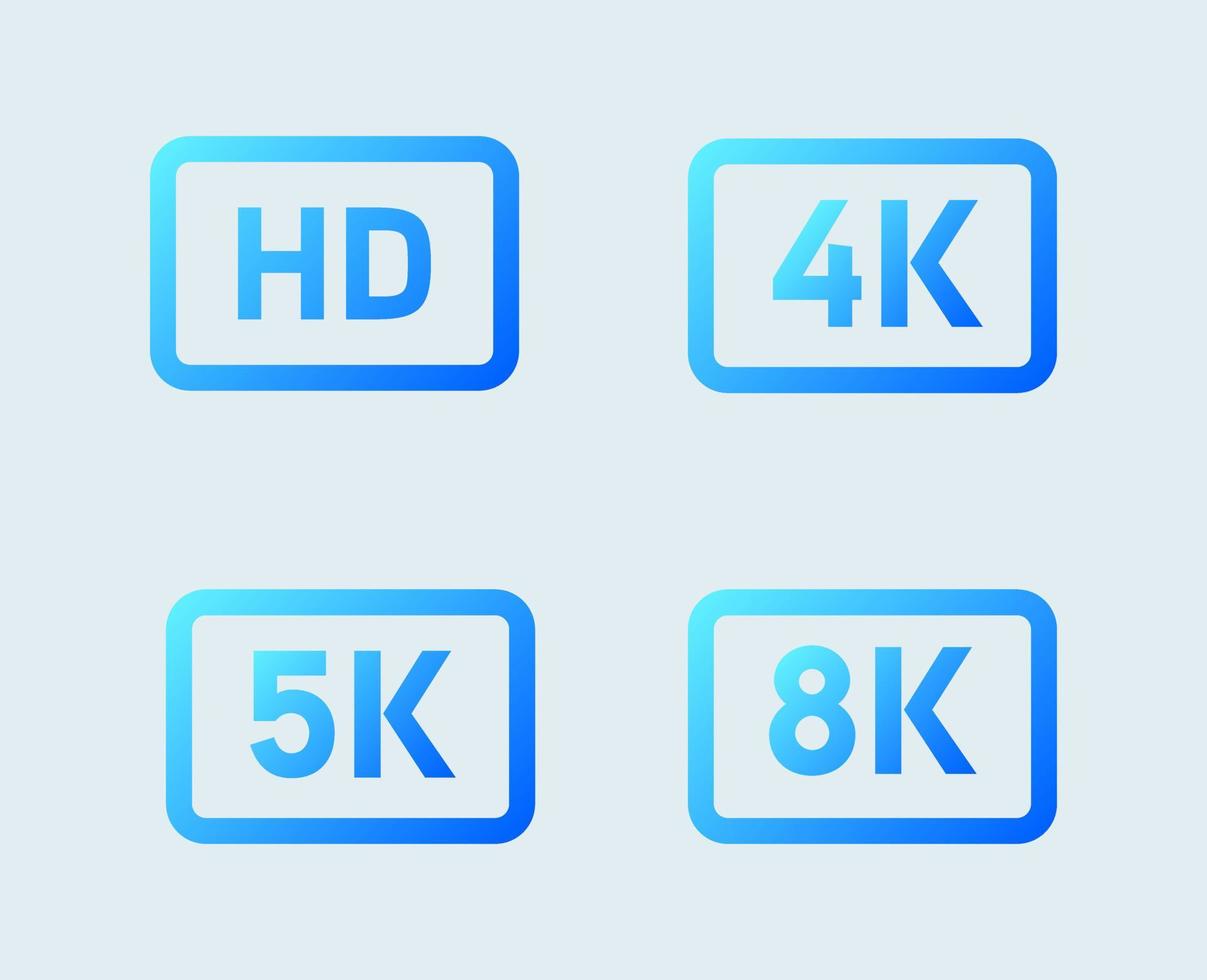 ícones de resolução de vídeo ou tela hd, 4k, 5k, 8k. sinal de resolução de gradiente. vetor