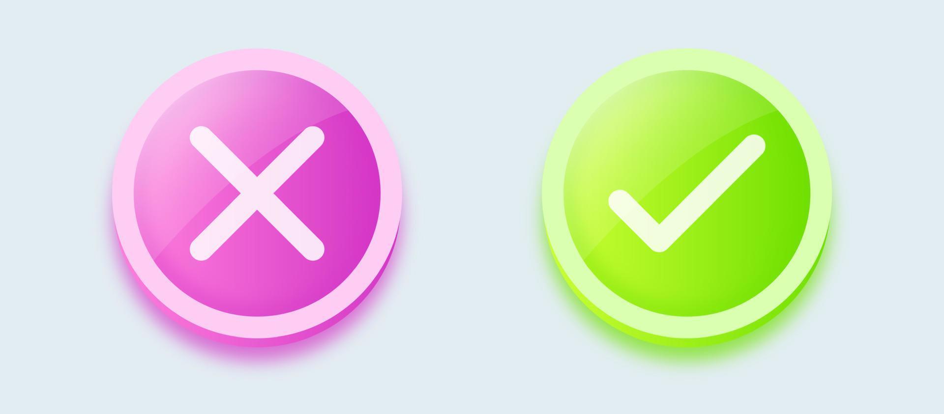 conjunto de botão de marca de seleção e marca cruzada na cor verde e vermelha para interface da web e do aplicativo. ilustração vetorial. vetor