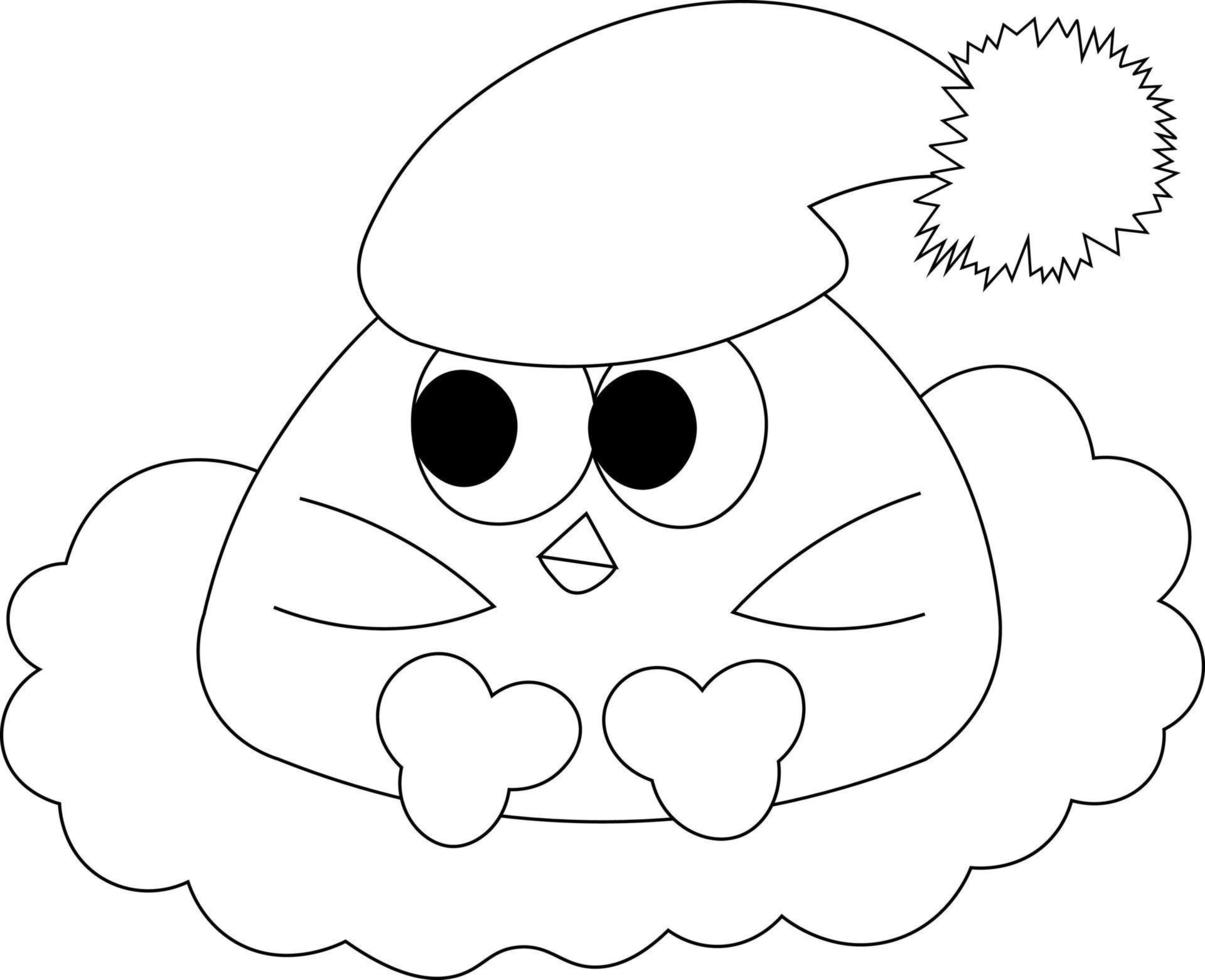 bebê de pássaro bonito dos desenhos animados com chapéu de sono em preto e branco vetor