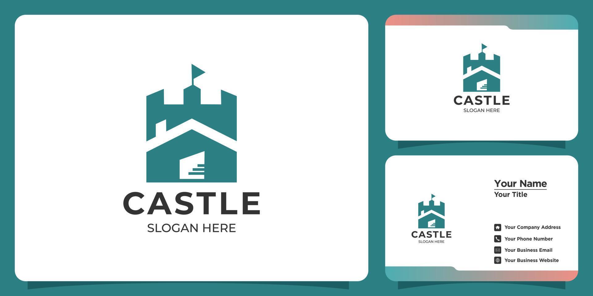 logotipo do castelo minimalista elegante com marca de cartão de visita vetor