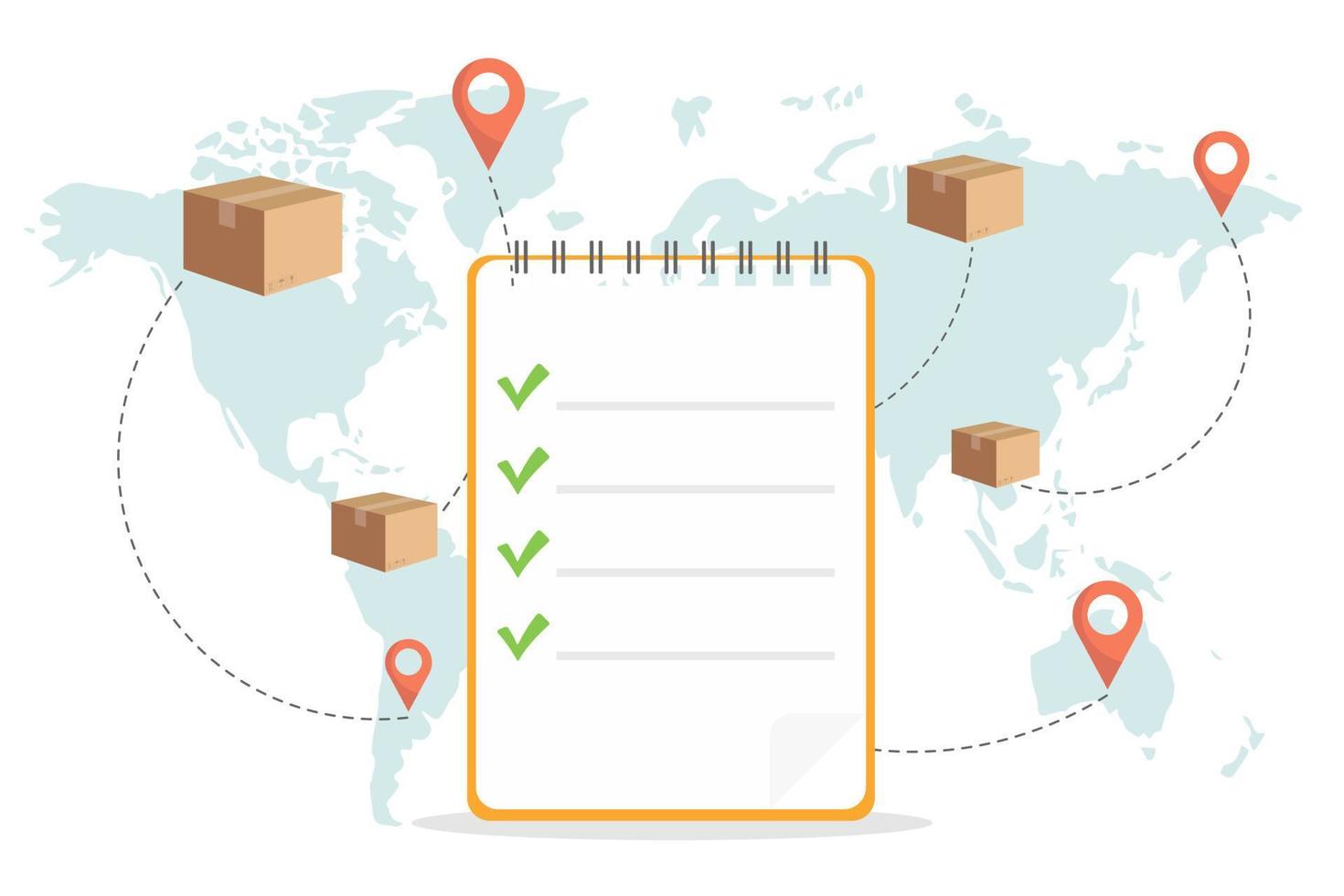 pedidos atendidos, entrega rápida de encomendas. rede logística global. mapa-múndi com movimentação de carga. vetor