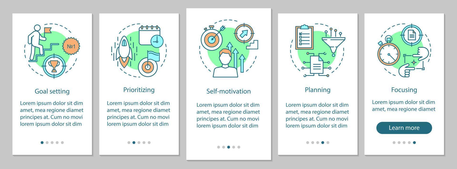 hr skills onboarding app mobile page screen template vector. determinação. qualidades do funcionário passo a passo do site. definição de metas, planejamento. conceito de interface de smartphone ux, ui, gui vetor