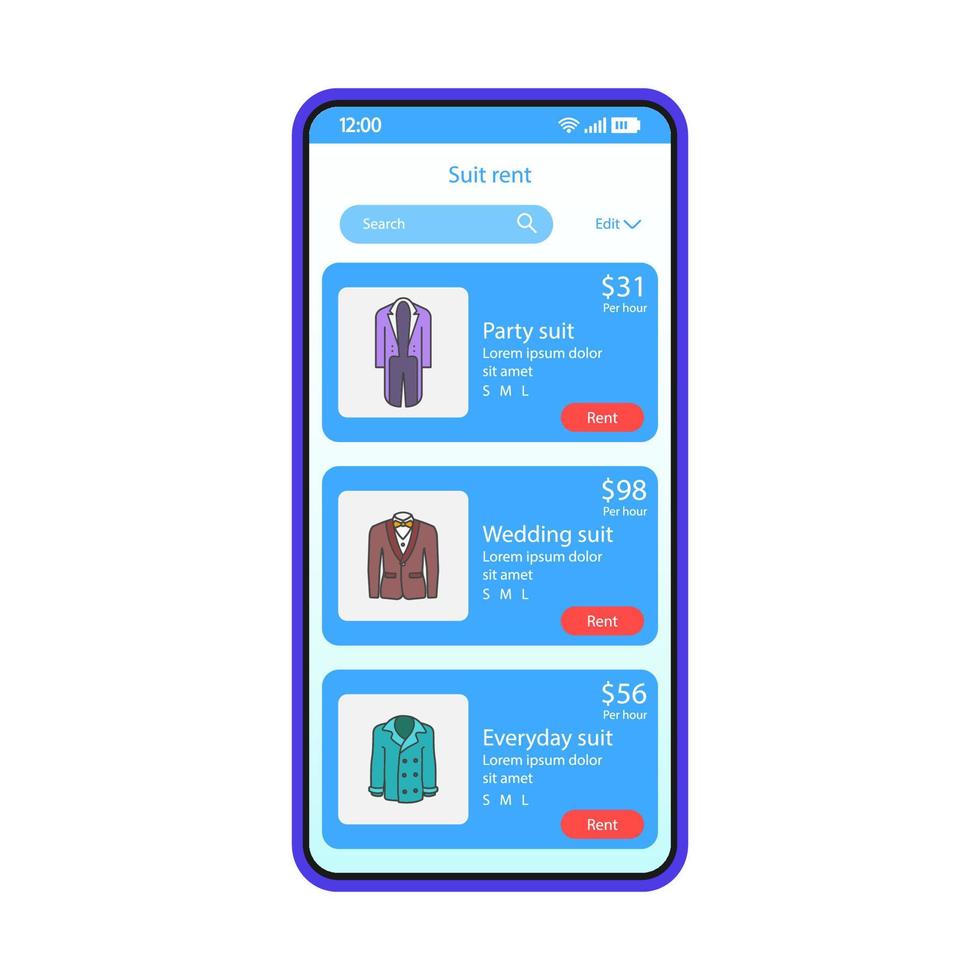 terno modelo de vetor de interface de smartphone de aplicativo de aluguel. layout de design azul da página do aplicativo de compras para dispositivos móveis. festa, casamento, tela de aluguel de jaquetas todos os dias. interface plana. lista de roupas masculinas no visor do telefone