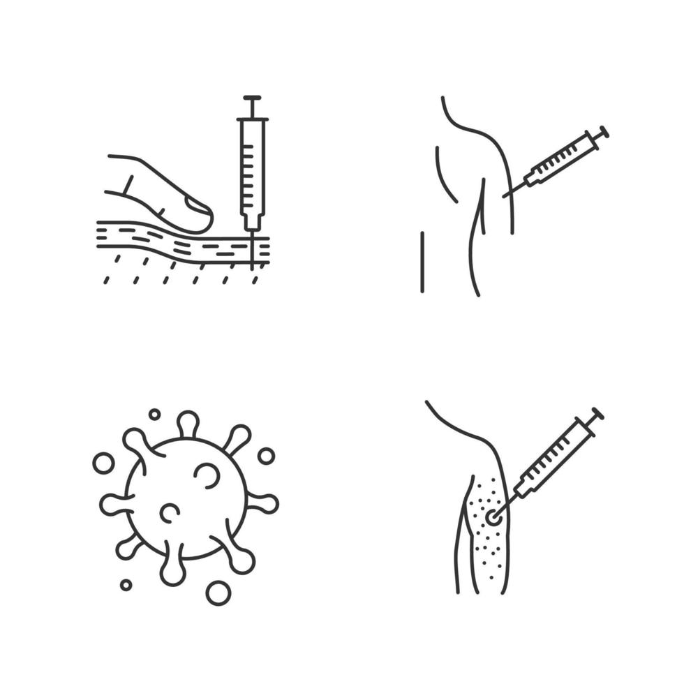 conjunto de ícones lineares de vacinação e imunização. símbolos de contorno de linha fina. injeção subcutânea, vacina contra a gripe, vírus da gripe, alergia à vacina. ilustrações de contorno de vetor isolado. traço editável