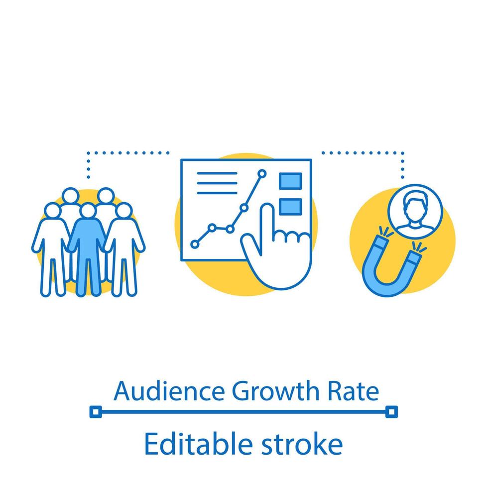 ícone de conceito de taxa de crescimento de audiência. smm métricas, ferramentas. atração de clientes. medição de mídia social e ilustração de linha fina de ideia analítica. desenho de contorno isolado de vetor. traço editável vetor