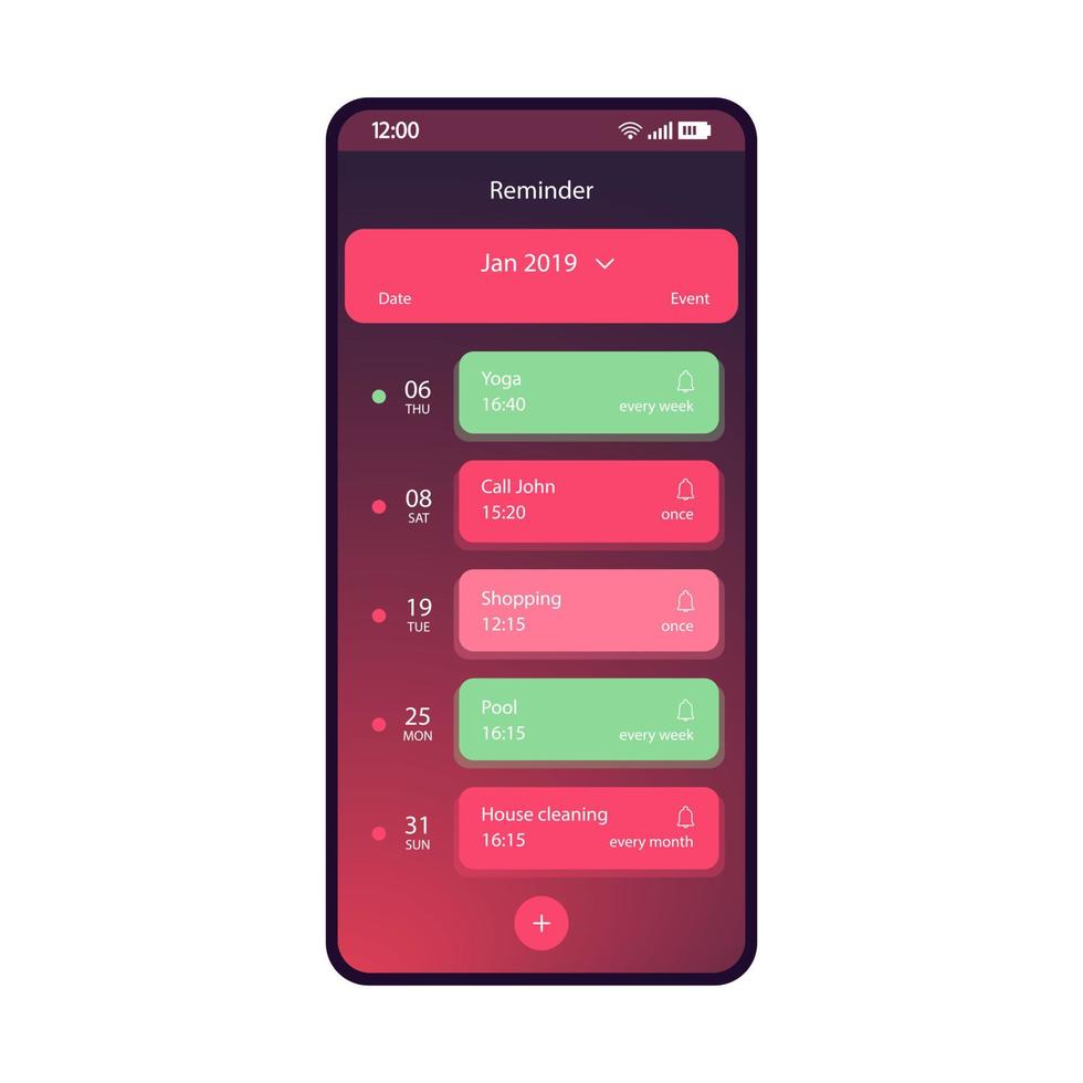 modelo de vetor de interface de smartphone de aplicativo de lembrete. ui de gradiente plano de aplicativo de gerenciamento de tempo. layout de design roxo da página do calendário móvel. eventos, tela do gerenciador de datas. exibição do telefone da programação do mês..