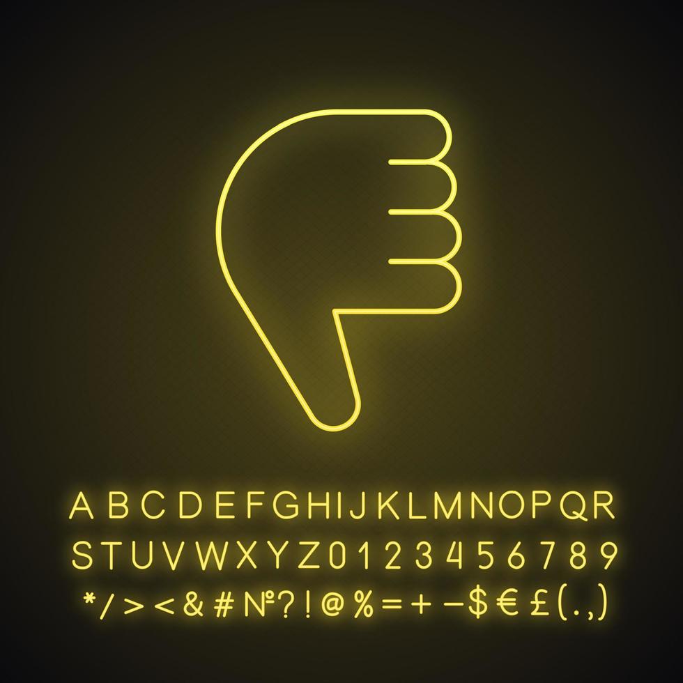 polegares para baixo ícone de luz de neon emoji. desaprovação, não gosta de gestos com as mãos. não, gesticulando mal. sinal brilhante com alfabeto, números e símbolos. ilustração vetorial isolada vetor