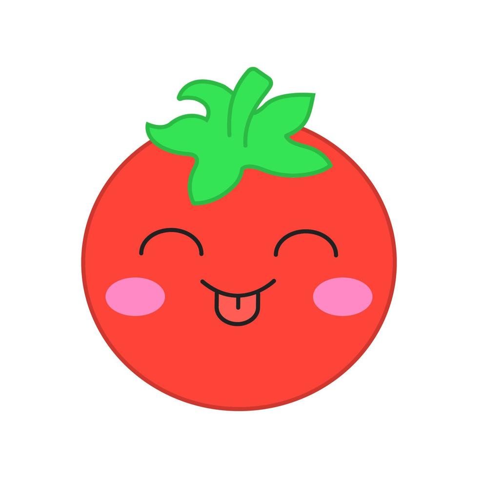 personagem de vetor kawaii fofo de tomate. vegetal feliz com rosto sorridente e língua de fora. comida rindo. emoji engraçado, emoticon, sorriso. ilustração de cor de desenho animado isolada