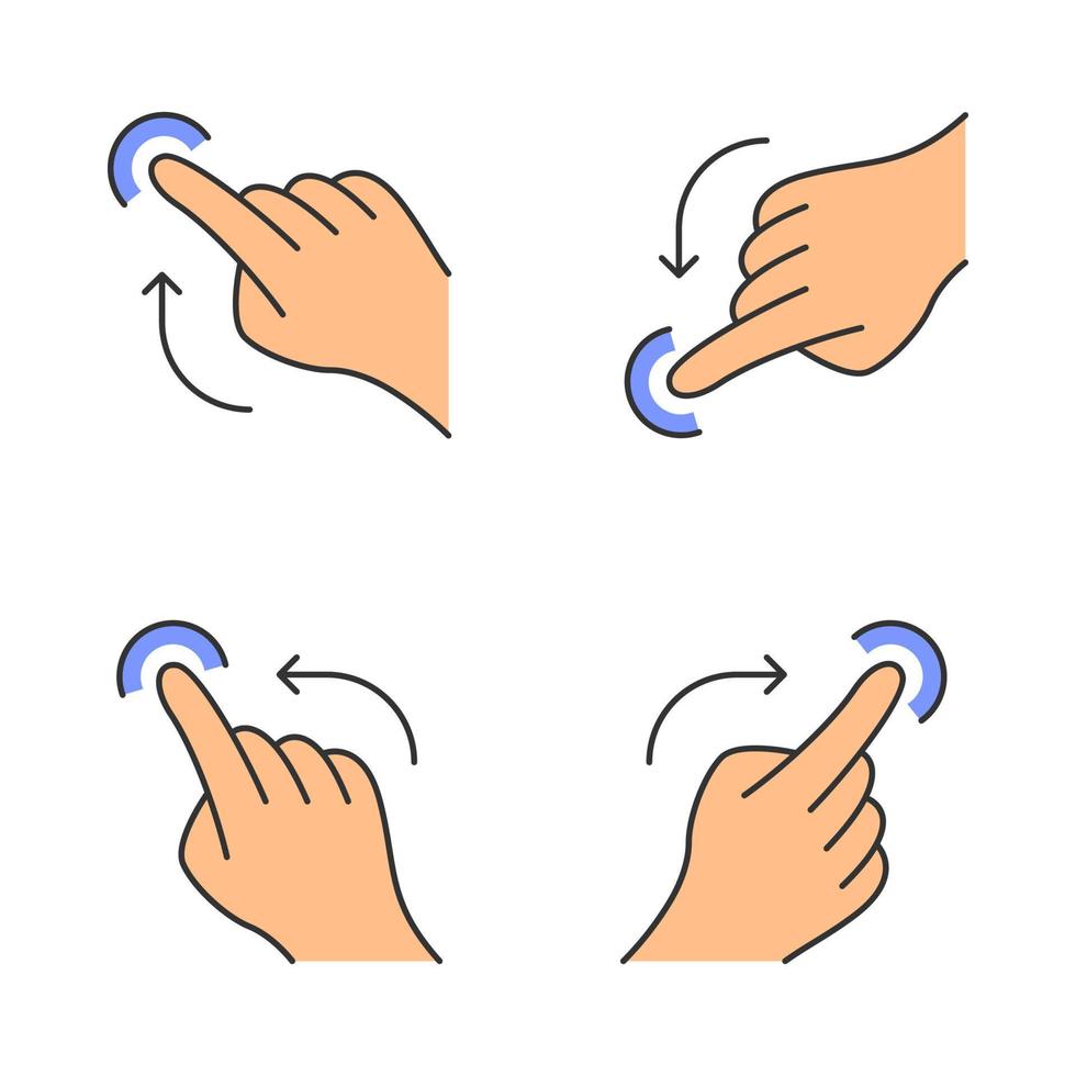 conjunto de ícones de cores de gestos de tela sensível ao toque. toque para a esquerda, toque para a direita gesticulando. deslize para cima e para baixo, toque no gesto. dedos humanos. ilustrações vetoriais isoladas vetor