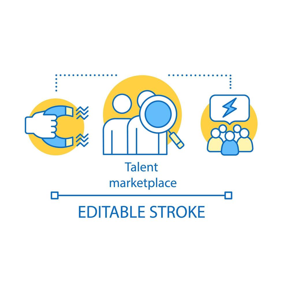 ícone de conceito de fonte de mercado de talentos. ilustração de linha fina de ideia de processo de recrutamento. recurso h. programa hris. equipe de aquisição de talentos. desenho de contorno isolado de vetor. traço editável vetor