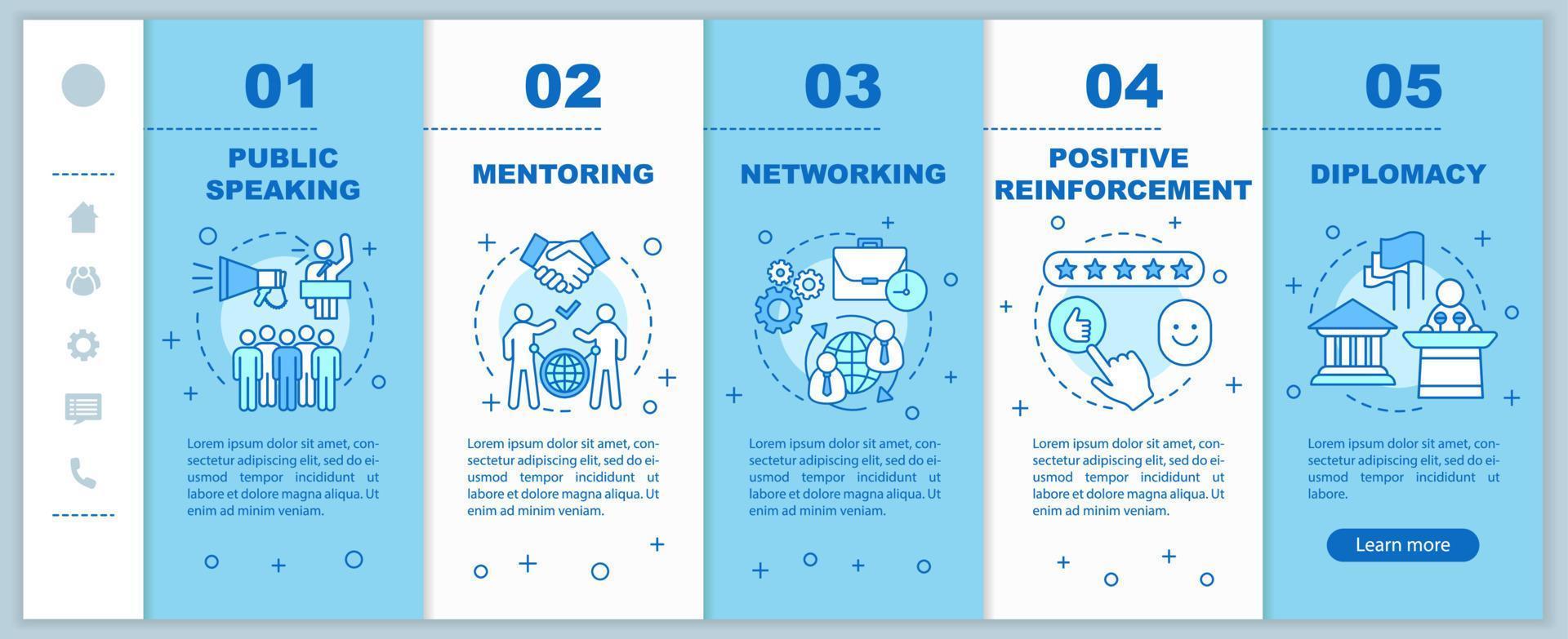 habilidades de comunicação onboarding modelo de vetor de páginas da web móvel. oratória, mentoria, diplomacia. ideia de interface de site de smartphone responsivo. telas passo a passo da página da web. conceito de cor