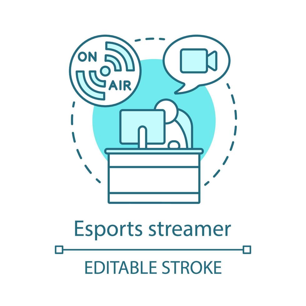 ícone do conceito de streamer de eSports. comentarista de esportes cibernéticos no trabalho. assistindo fluxo de vídeo. blogger transmitindo ideia ilustração de linha fina. desenho de contorno isolado de vetor. traço editável vetor