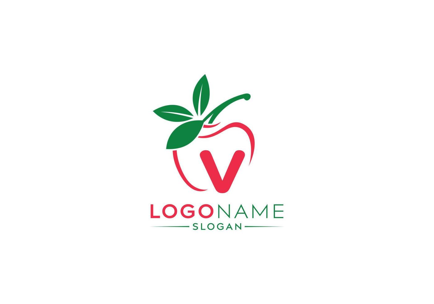 pequena letra v logotipo em maçã fresca com folhas verdes, letra v logotipo e forma de vetor de maçã de fruta natural