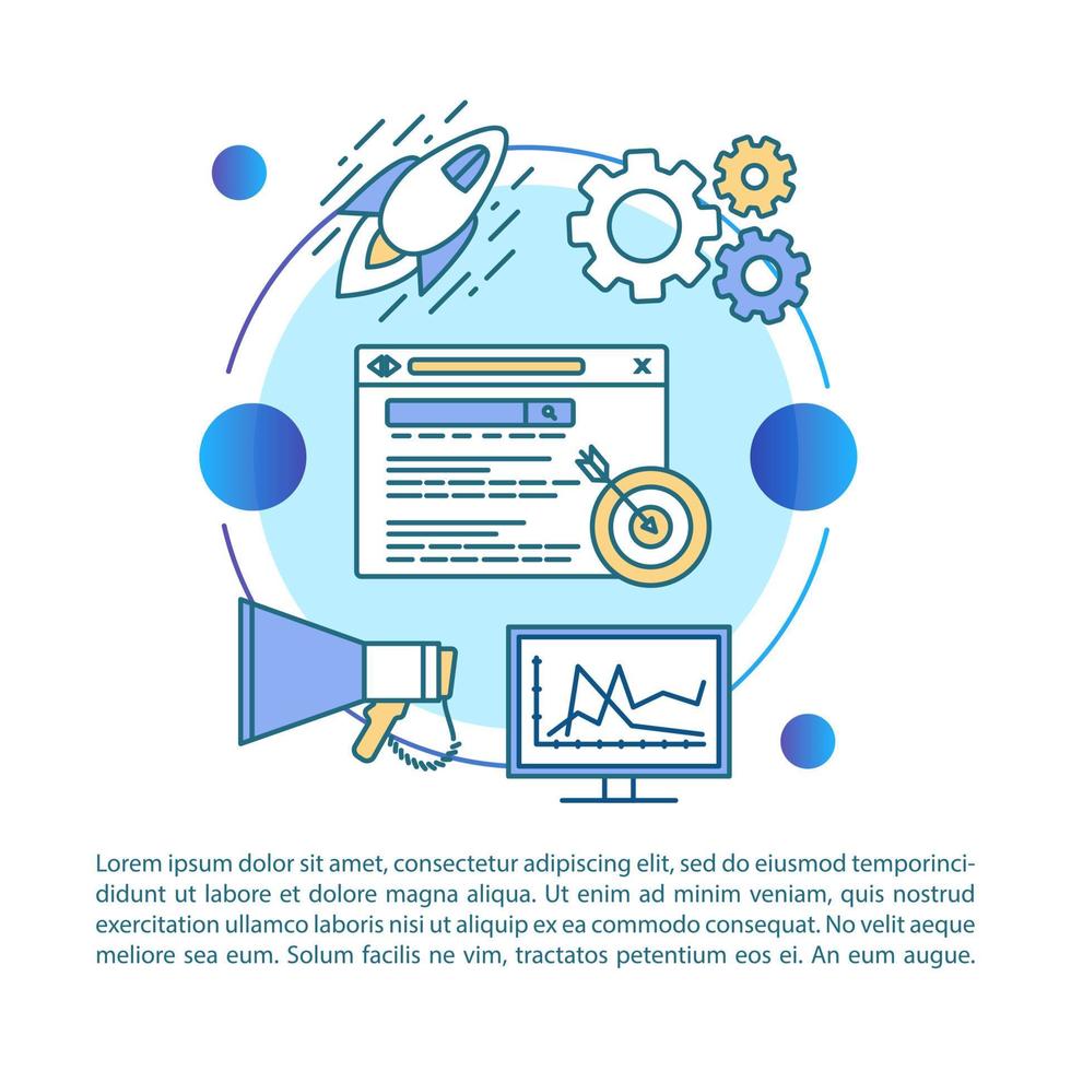 modelo de vetor de página de artigo de lançamento de inicialização. iniciar projeto piloto. brochura, revista, elemento de design de livreto com ícones lineares e caixas de texto. design de impressão. ilustrações de conceito com espaço de texto