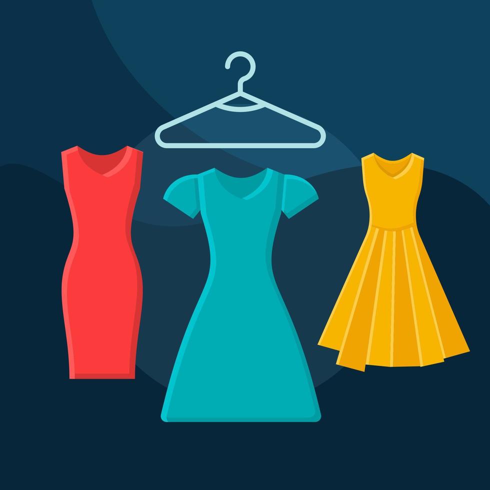 vestidos ícone de vetor conceito plano. conjunto de ilustrações coloridas dos desenhos animados da ideia de moda feminina. festa, noite, vestidos de cocktail. estilo formal. loja de roupas. Shopping. elemento de design gráfico isolado