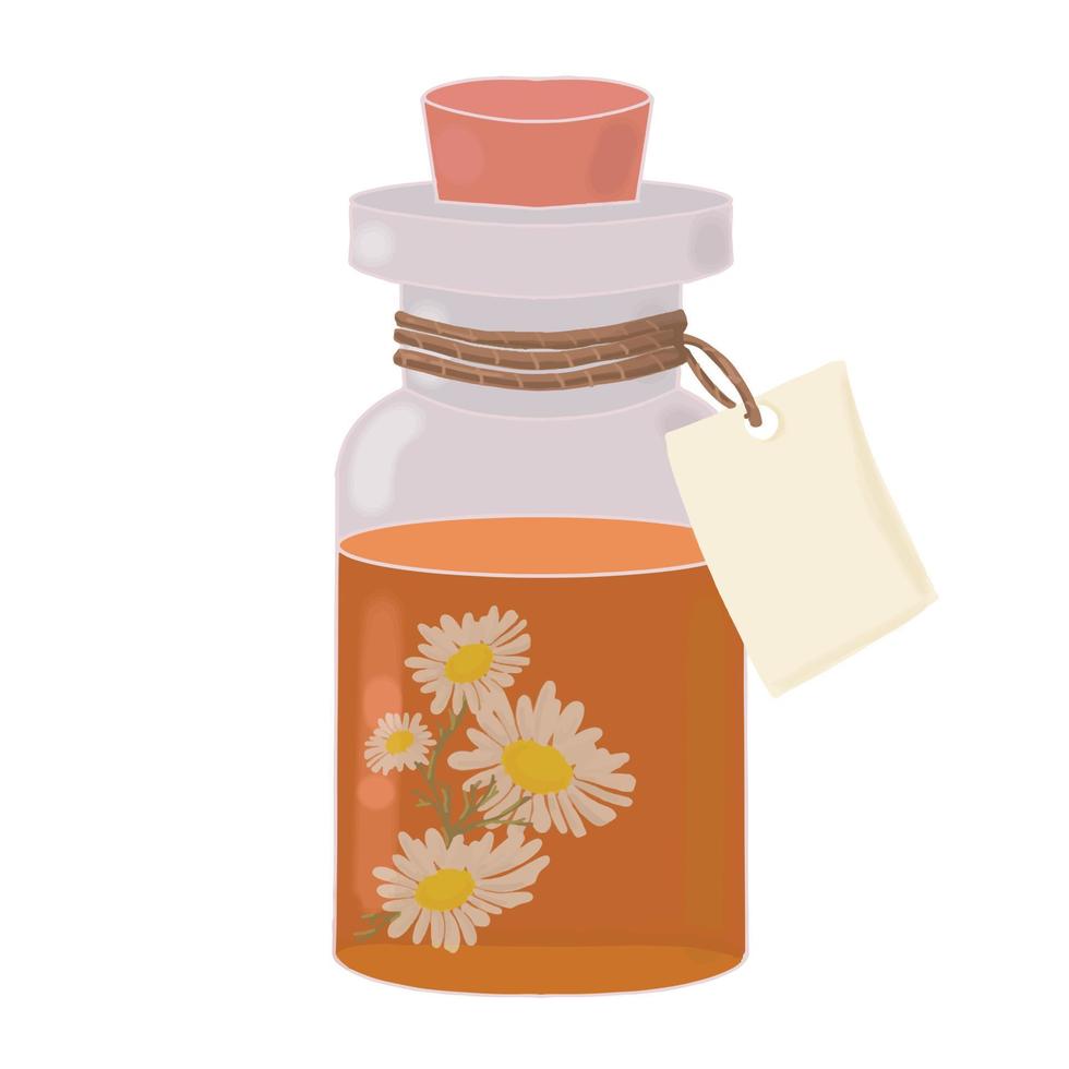 garrafas transparentes com flores de óleo essencial e camomila, produtos farmacêuticos e cosméticos, vetor