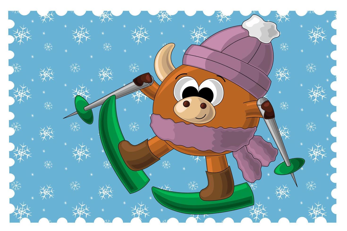 cartão de natal com touro bonito dos desenhos animados e esquis vetor