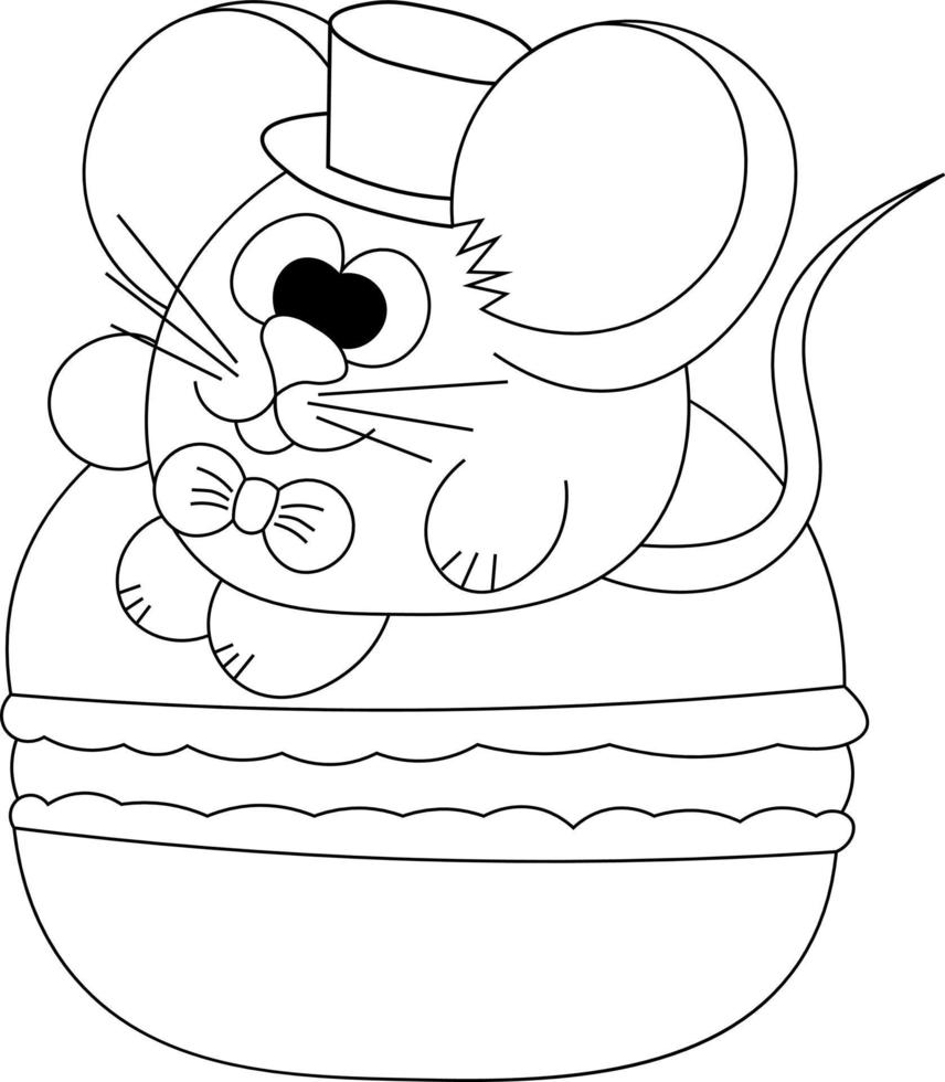 rato fofo e macaron em preto e branco vetor