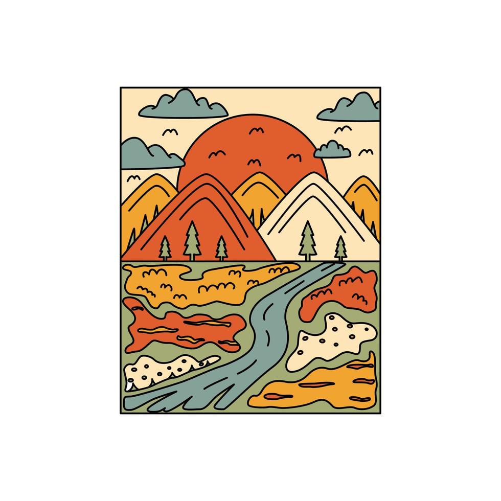 distintivo com montanhas, estrada e lua no estilo doodle. o conceito de camping, viagens. vetor