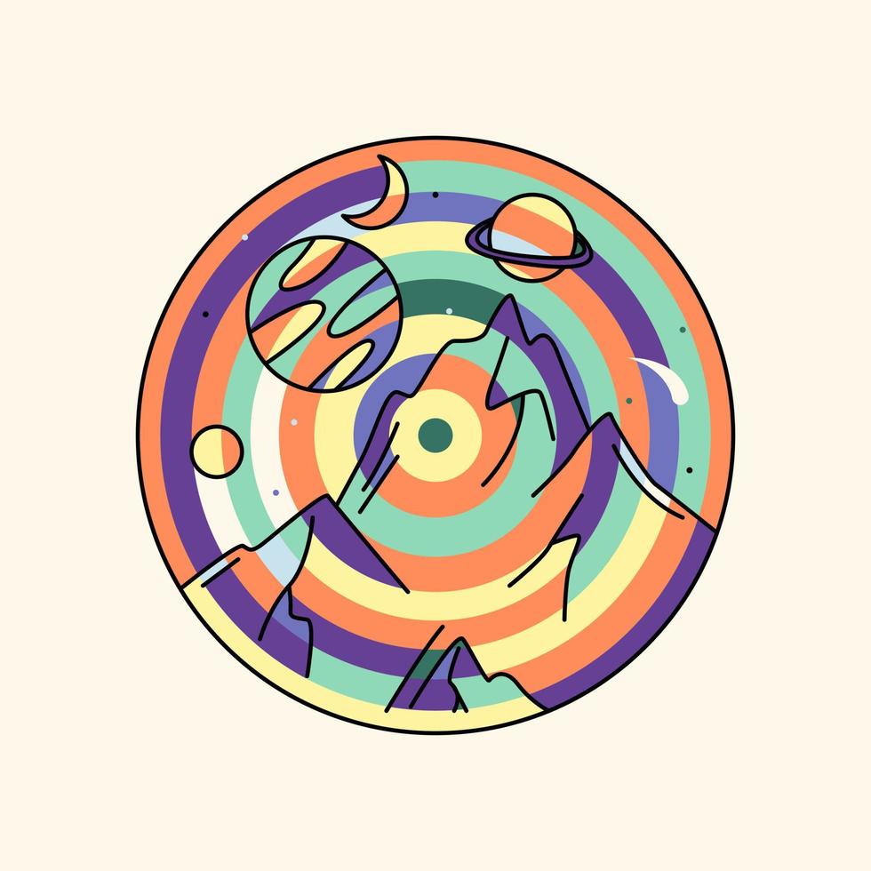 montanhas, planetas e estrelas em um círculo, distintivo no estilo doodle. vetor